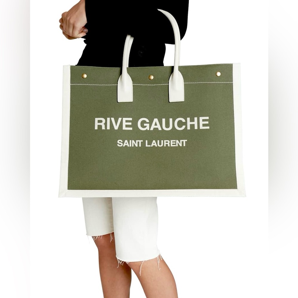 Saint Laurent Small Rive Gauche Green Canvas Logo Print Handle Bag